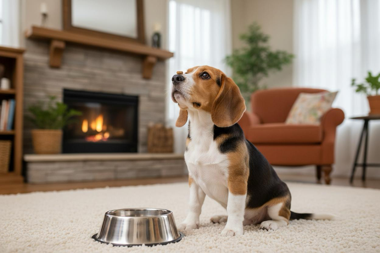 Beagle waiting patiently by a feeding bowl
